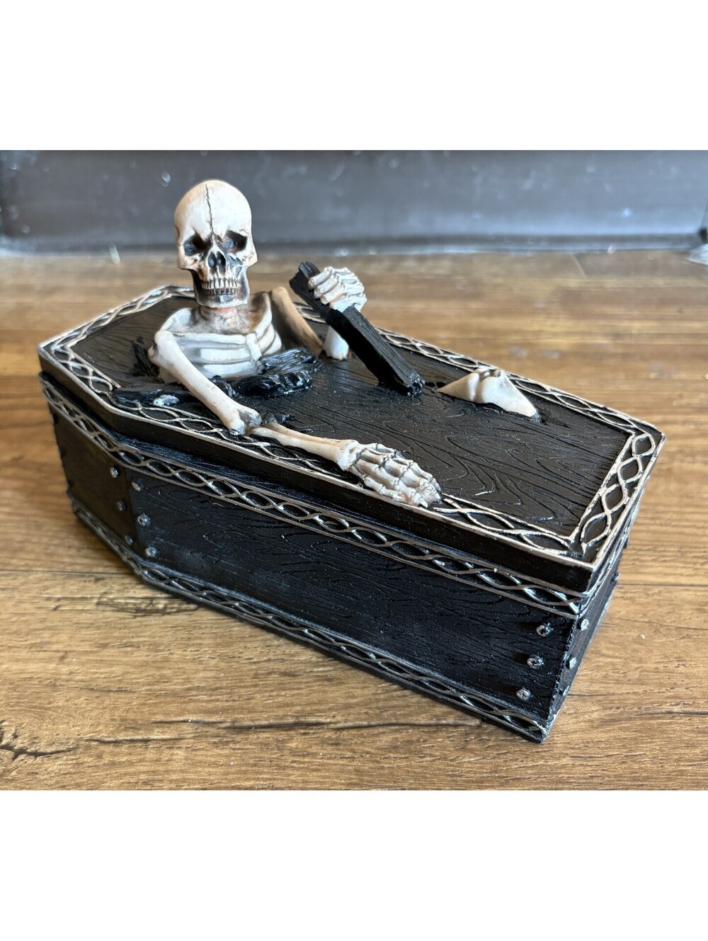 Halloween Skeleton in Wood Casket Black Decor